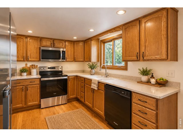 Property Photo 15 Kitchen with brand new range and microwave. Corian countertops.