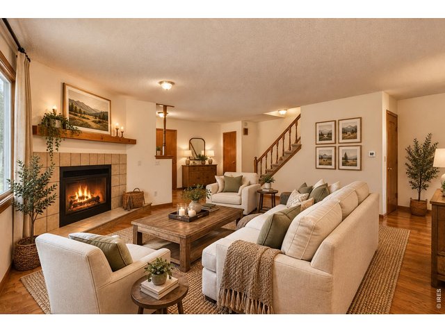 Property Photo 10 Spacious living room with wood-burning fireplace. Virtually Staged.