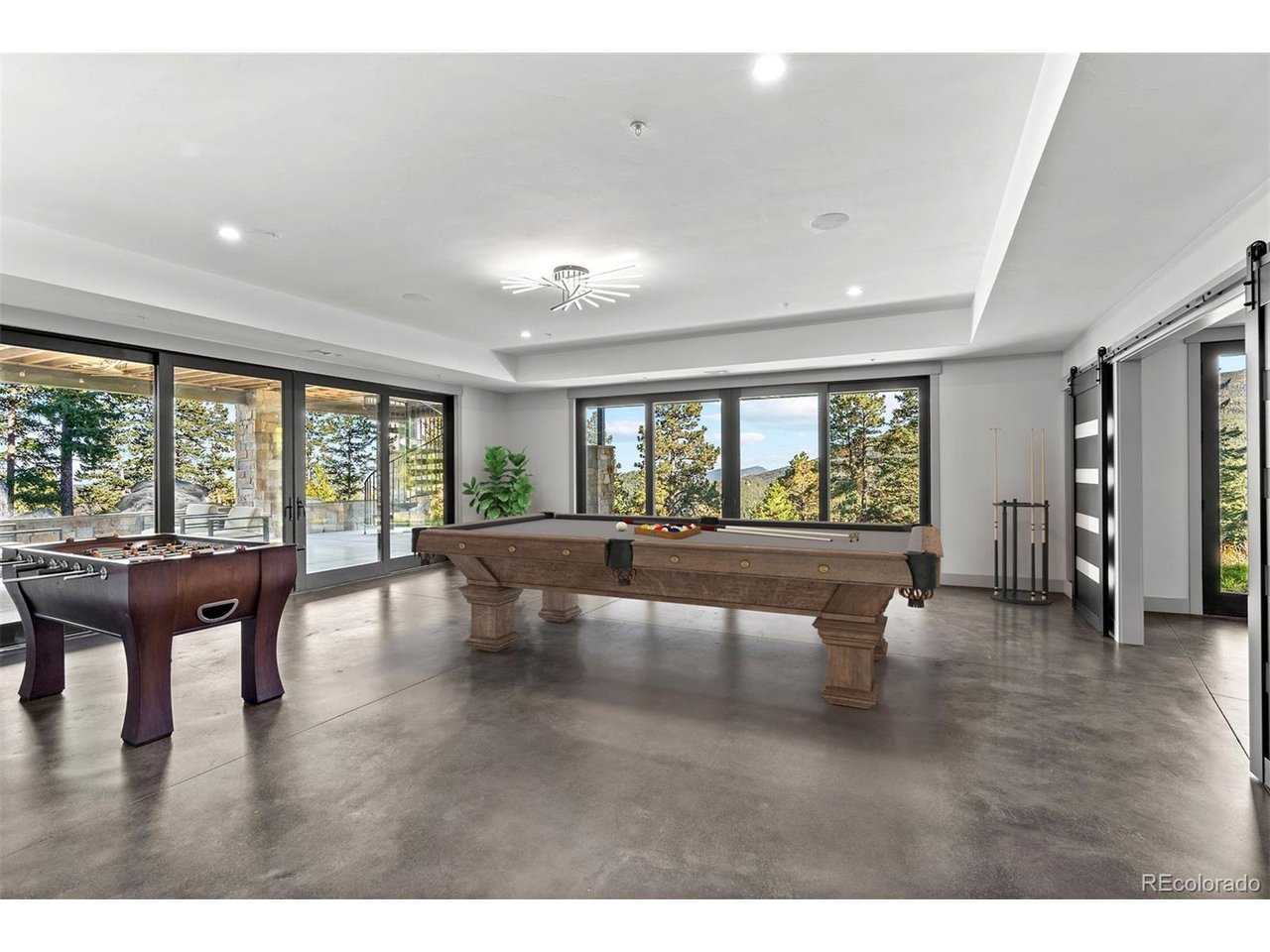 The expansive downstairs room is perfect for games and entertaining, offering a versatile space for gatherings, movie nights, or play